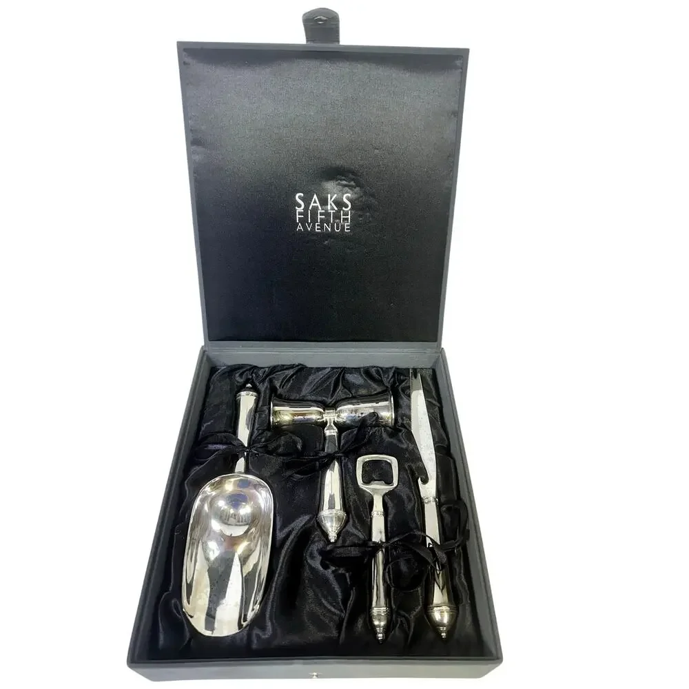 Saks Fifth Avenue Elegant 4 Piece Silver Plated Bar Set Black Satin Lined Case